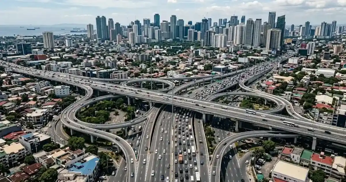 EasyTrip vs Autosweep 2026: Which RFID Do You Actually Need? 3 A photorealistic 4K aerial drone view of Metro Manila expressway network at daytime showing multiple highway lanes, overpasses, and interchanges covering Autosweep RFID expressways SLEX Skyway and NLEX and EasyTrip RFID expressways operated by SMC Tollways and Metro Pacific Tollways Corp MPTC across northern and southern Luzon Philippines 2026