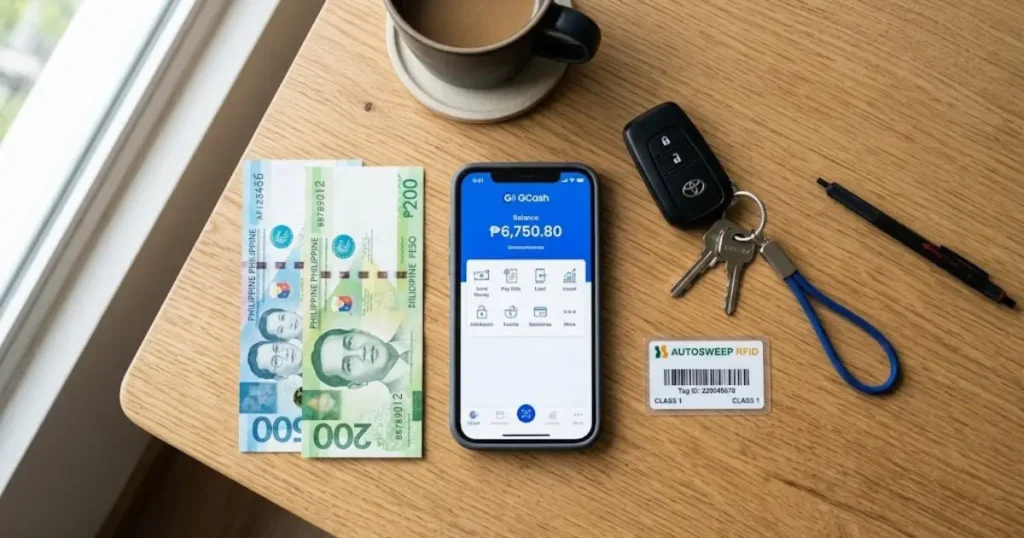 EasyTrip vs Autosweep 2026: Which RFID Do You Actually Need? 4 A photorealistic 4K top-down flat lay showing Philippine peso bills of ₱200 and ₱500 denominations, a GCash app open on a smartphone, an Autosweep or EasyTrip RFID sticker, and a car key on a wooden desk, representing the one-time sticker cost and minimum initial load required for cashless toll payment RFID registration in the Philippines 2026