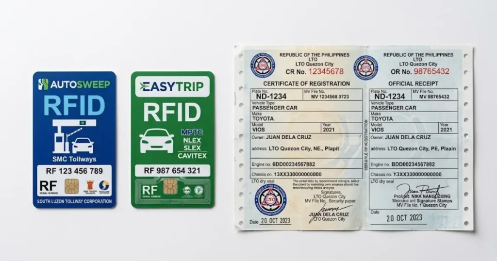 EasyTrip vs Autosweep 2026: Which RFID Do You Actually Need? 2 A photorealistic close-up flat lay showing two RFID stickers side by side — Autosweep RFID in blue design and EasyTrip RFID in green design — placed next to a Philippine vehicle OR/CR registration document, representing the cashless toll payment systems operated by SMC Tollways and Metro Pacific Tollways Corp MPTC for expressways in the Philippines 2026