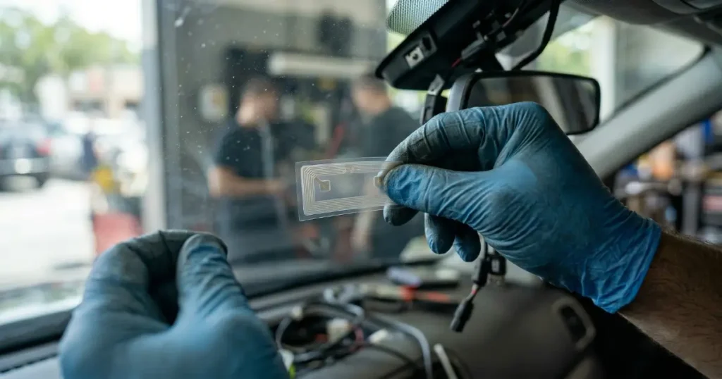 EasyTrip vs Autosweep 2026: Which RFID Do You Actually Need? 7 A photorealistic 4K close-up of a technician's hands carefully applying a transparent Autosweep or EasyTrip RFID sticker on the inside of a car windshield during professional installation, representing the walk-in RFID registration and installation process at toll plazas SM Malls and gas stations operated by SMC Tollways and Metro Pacific Tollways Corp MPTC in the Philippines 2026