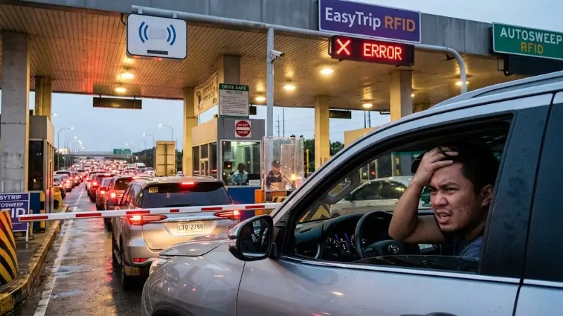 Toll Calculator Philippines – Free Instant RFID Toll Fee Calculator 6 Toll Calculator Philippines 2026: Photorealistic candid-style image of a visibly frustrated Filipino driver seated inside a car at a Philippine toll gate with an RFID reader displaying a red error light signal on the overhead gantry, a line of vehicles queued behind in the toll plaza under realistic indoor toll booth lighting — capturing the most common RFID toll payment mistakes Filipino motorists experience daily, and highlighting why accurate pre-trip planning with a Toll Calculator Philippines is essential for avoiding insufficient balance errors, wrong RFID sticker issues, and cashless payment failures on NLEX, Skyway, SCTEX, and CAVITEX expressways in 2026