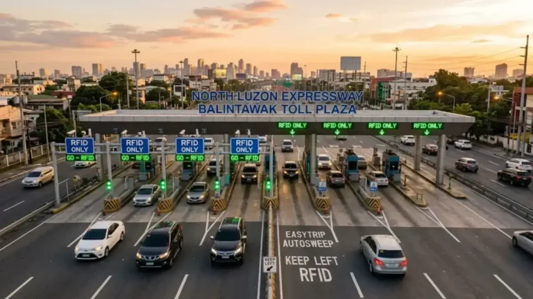 A photorealistic wide-angle view of a modern Philippine expressway toll plaza showing Autosweep and EasyTrip RFID cashless toll payment lanes with green LED displays, cars passing through without stopping, overhead signage visible, representing the EasyTrip vs Autosweep RFID comparison in 2026 for SMC Tollways and MPTC expressways in Metro Manila