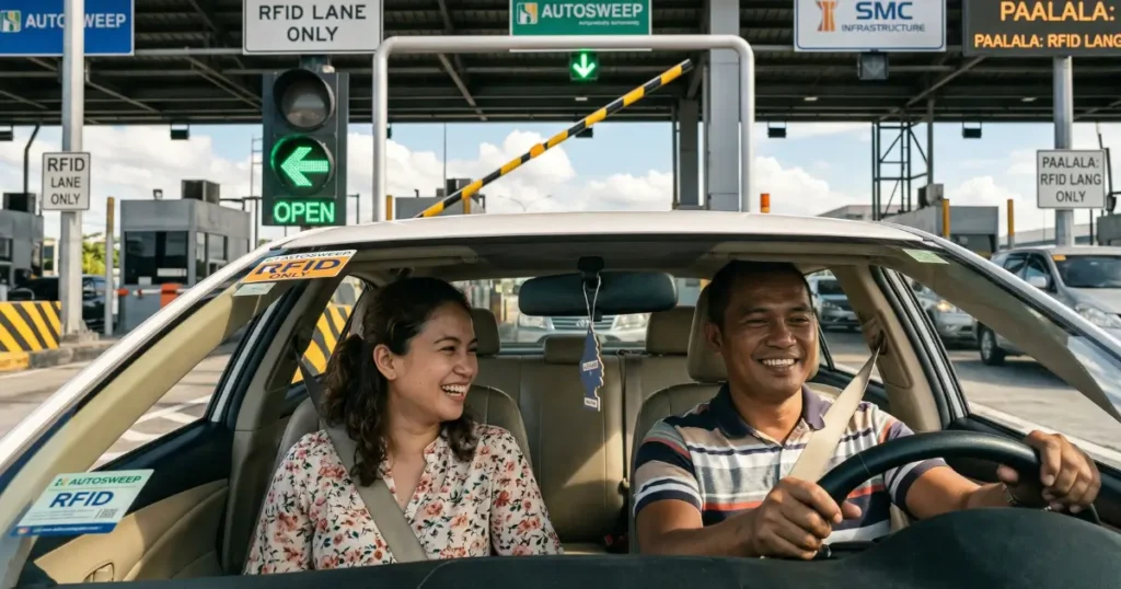 EasyTrip vs Autosweep 2026: Which RFID Do You Actually Need? 10 A photorealistic 4K candid lifestyle image of a smiling Filipino man and woman inside a car at a toll plaza as the RFID lane barrier lifts automatically with green LED light visible, representing the smooth and hassle free cashless toll payment experience using Autosweep RFID by SMC Tollways and EasyTrip RFID by Metro Pacific Tollways Corp MPTC on Philippine expressways 2026