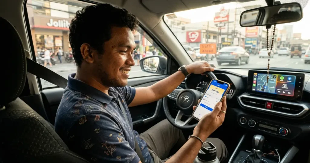 EasyTrip vs Autosweep 2026: Which RFID Do You Actually Need? 5 A photorealistic 4K lifestyle photo of a Filipino driver sitting inside a modern car holding a smartphone showing a GCash reload screen, representing the fastest and most convenient method to reload Autosweep RFID and EasyTrip RFID cashless toll payment accounts operated by SMC Tollways and Metro Pacific Tollways Corp MPTC in the Philippines 2026