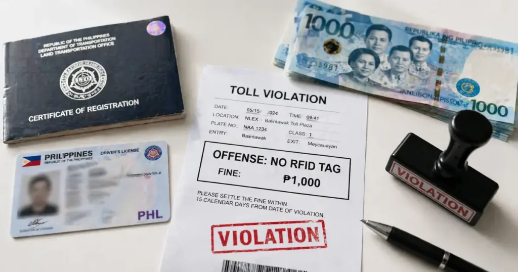 RFID Violation Penalties Philippines 2026: Complete Fine Guide (₱1,000 to ₱5,000 Rules Explained) 3 Flat-lay of a Philippine driver's license, vehicle OR and CR booklet, a stack of ₱1,000 peso bills, and a printed toll violation citation slip reading no RFID tag fine ₱1,000 with a red violation stamp, representing RFID penalty fines on Philippine expressways in 2026