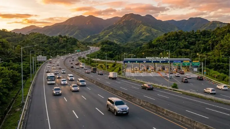 Toll Calculator Philippines – Free Instant RFID Toll Fee Calculator 1 Toll Calculator Philippines 2026 Aerial cinematic view of a modern Philippine expressway at golden hour showing multiple lanes of smooth-flowing traffic, an RFID toll plaza with overhead gantry signs in the distance, lush green mountains representing the scenic Baguio highland route, and a silver SUV in the foreground — illustrating how drivers use a Toll Calculator Philippines to estimate highway fees on NLEX, SCTEX, and TPLEX expressways