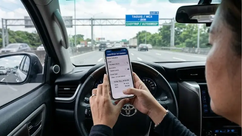 Toll Calculator Philippines – Free Instant RFID Toll Fee Calculator 2 Toll Calculator Philippines 2026 Close-up photorealistic view of a Filipino motorist's hands holding a smartphone displaying a Toll Calculator Philippines app interface with clearly visible Philippine expressway route options, entry and exit point selectors on screen, set against a blurred car dashboard and windshield background in natural daylight — showing how drivers digitally compute toll fees before entering major Philippine highways like NLEX, SCTEX, and CAVITEX
