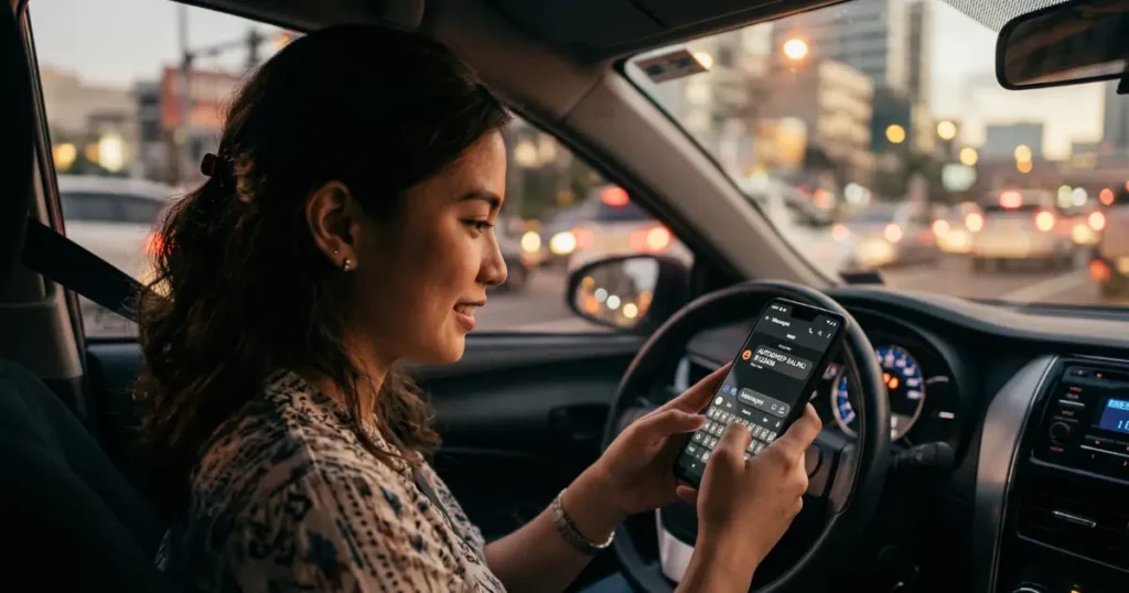 How to Check Autosweep Balance (2026 Guide) 4 Filipino woman sending Autosweep RFID balance inquiry SMS on Android phone inside car