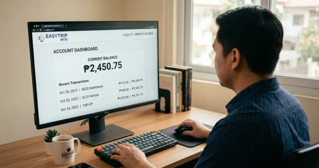 How to Check Autosweep Balance (2026 Guide) 3 Filipino man logging into Autosweep RFID account portal on desktop computer showing balance dashboard