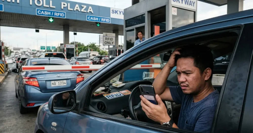 How to Check Autosweep Balance (2026 Guide) 7 Frustrated Filipino driver sitting in car at Autosweep toll booth looking at phone with confused expression