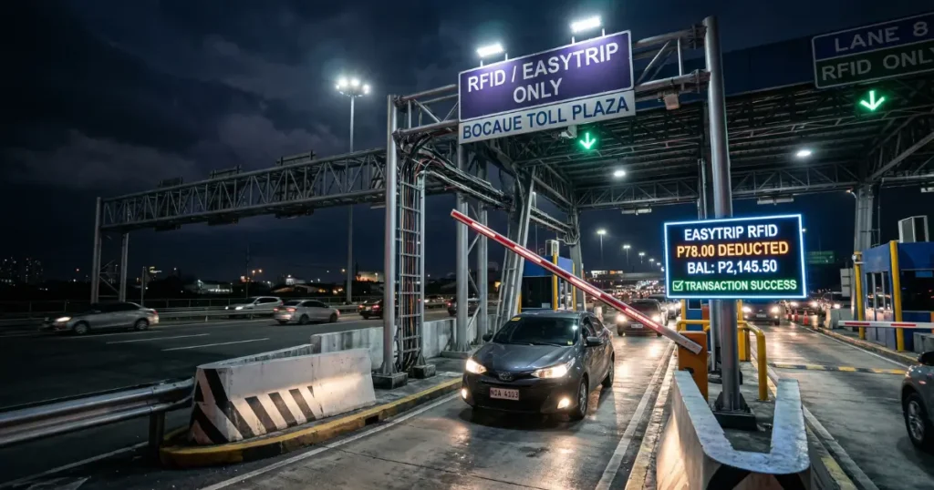 How to Check Autosweep Balance (2026 Guide) 6 Philippine toll plaza RFID lane at night with LED screen glowing showing Autosweep balance deduction