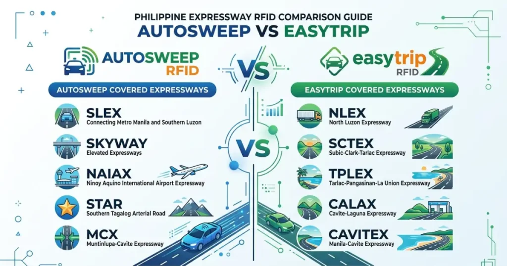 NAIAX Toll Fee Guide in 2026: Complete Rates, Toll Plazas, Autosweep RFID, NAIA Terminals & TRB-Approved Philippines Expressway Details 6 Side by side comparison infographic of Autosweep RFID versus Easytrip RFID for Philippine expressways 2026 — left side Autosweep SMC Tollways covers NAIAX SLEX Metro Manila Skyway Skyway Stage 3 STAR Tollway MCX TPLEX, right side Easytrip MPTC covers NLEX SCTEX TPLEX CALAX CAVITEX NLEX Connector Harbor Link, center VS divider, Filipino motorist guide Philippines