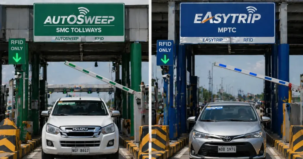 RFID Violation Penalties Philippines 2026: Complete Fine Guide (₱1,000 to ₱5,000 Rules Explained) 6 Split-composition editorial image showing an Autosweep RFID toll lane at SLEX with green SMC Tollways signage and a white pickup truck passing through on the left, and an Easytrip RFID lane at NLEX with blue and white MPTC signage and a Toyota Vios passing through on the right, comparing both Philippine RFID systems in 2026