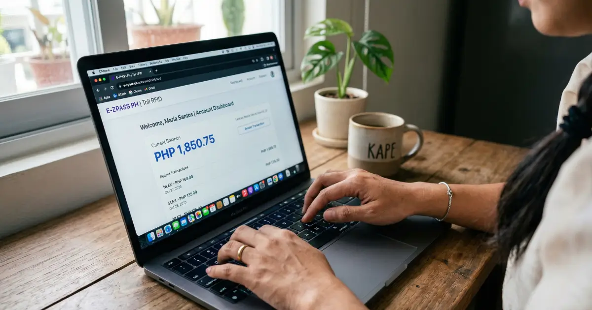 How to Check Autosweep Balance (2026 Guide) 2 How to Check Autosweep Balance Filipino person checking Autosweep RFID balance online on laptop showing account dashboard
