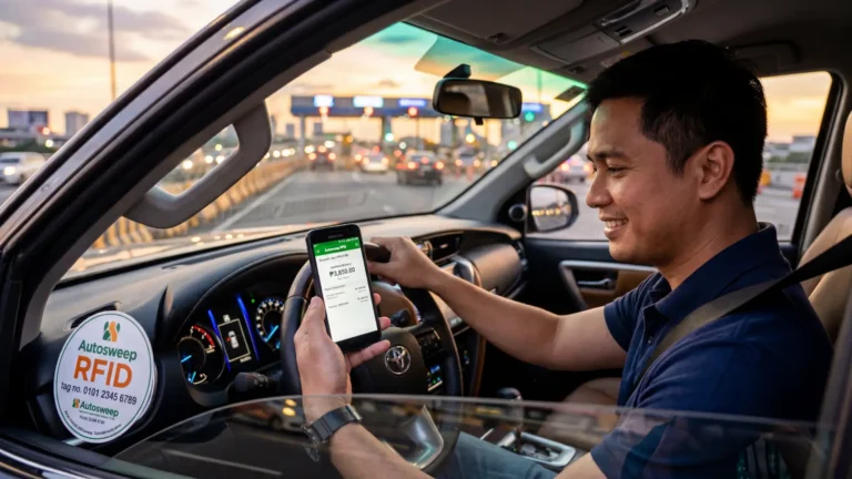 How to Check Autosweep Balance Filipino driver checking Autosweep RFID balance on smartphone inside car on Philippine expressway