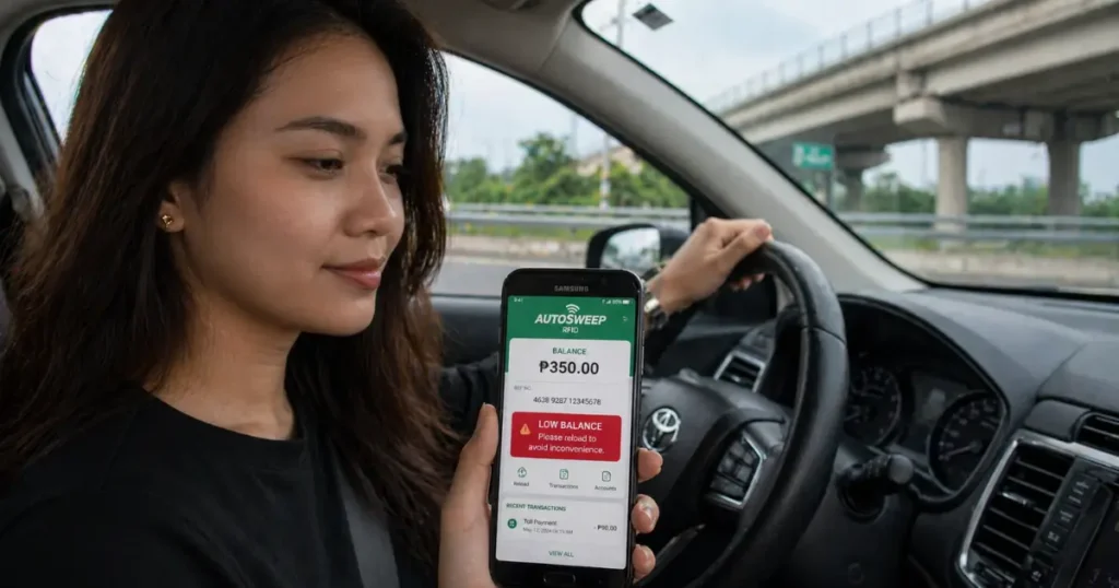 RFID Violation Penalties Philippines 2026: Complete Fine Guide (₱1,000 to ₱5,000 Rules Explained) 7 A Filipino woman in her late 20s sitting in the driver's seat of a modern car holds a Samsung smartphone showing the Autosweep RFID app with a balance of ₱350 and a red low-balance warning banner, demonstrating how to check RFID balance before driving on Philippine expressways in 2026