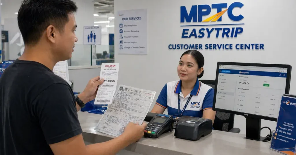 RFID Violation Penalties Philippines 2026: Complete Fine Guide (₱1,000 to ₱5,000 Rules Explained) 10 A Filipino man in his 30s stands at a modern MPTC Easytrip Customer Service Center counter holding a printed RFID violation citation slip and vehicle OR/CR, with a POS terminal, receipt printer, and account dashboard monitor on the counter, showing how to pay an RFID violation fine in the Philippines in 2026
