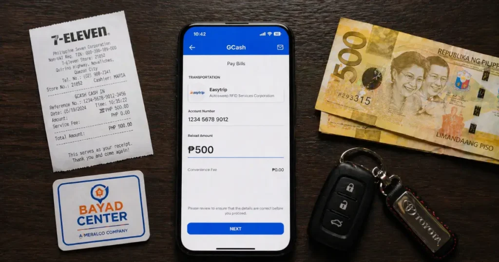 RFID Violation Penalties Philippines 2026: Complete Fine Guide (₱1,000 to ₱5,000 Rules Explained) 8 Top-down flat-lay of a Filipino smartphone showing the GCash app open on Pay Bills Transportation Easytrip with ₱500 reload amount entered, surrounded by a 7-Eleven receipt stub, a Bayad Center card, two folded ₱500 Philippine peso bills, and a car key fob, showing how to reload RFID in the Philippines in 2026