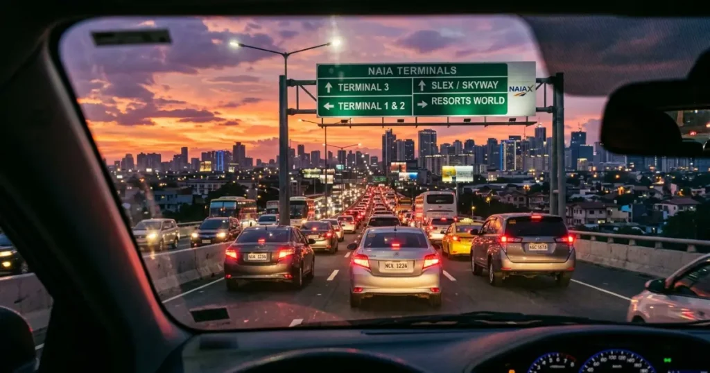 NAIAX Toll Fee Guide in 2026: Complete Rates, Toll Plazas, Autosweep RFID, NAIA Terminals & TRB-Approved Philippines Expressway Details 7 View from inside a car on the NAIAX elevated expressway in Metro Manila Philippines during peak hour heavy traffic at dusk 2026, line of vehicles on highway with city lights glowing, green directional overhead highway signs showing NAIA Terminal 1 Terminal 2 Terminal 3 exits visible, dramatic orange and purple sunset sky, commuter perspective windshield view, SMC Tollways Ninoy Aquino International Airport Expressway Pasay Parañaque