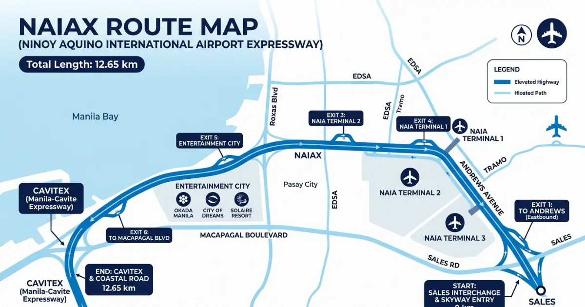 NAIAX Toll Fee Guide in 2026: Complete Rates, Toll Plazas, Autosweep RFID, NAIA Terminals & TRB-Approved Philippines Expressway Details 2 NAIAX Toll Fee Guide: Illustrated route map of NAIAX Ninoy Aquino International Airport Expressway Philippines showing 12.65km elevated highway path from Skyway Sales Interchange through Andrews Avenue NAIA Terminal 1 Terminal 2 Terminal 3 Entertainment City Macapagal Boulevard ending at CAVITEX Manila-Cavite Expressway with labeled toll plaza exit points 2026