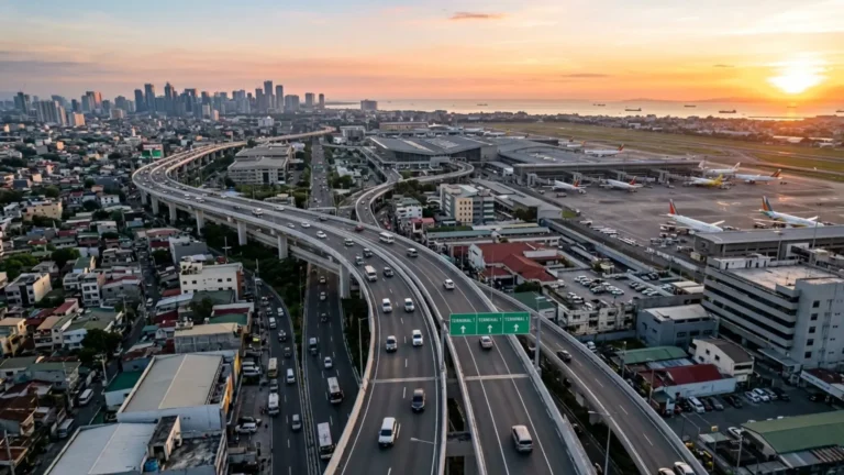 NAIAX Toll Fee Guide: Aerial view of NAIAX elevated expressway in Metro Manila Philippines showing cars driving toward NAIA Terminal 1 Terminal 2 and Terminal 3 exits with green directional highway signs TRB approved toll rates 2026 Autosweep RFID SMC Tollways