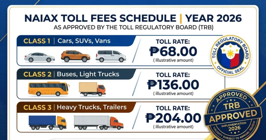 NAIAX Toll Fee Guide in 2026: Complete Rates, Toll Plazas, Autosweep RFID, NAIA Terminals & TRB-Approved Philippines Expressway Details 3 Infographic table showing NAIAX toll fee rates 2026 Philippines for all vehicle classes — Class 1 cars SUVs vans ₱35 to ₱45, Class 2 buses light trucks approximately 1.5x Class 1 rate, Class 3 heavy trucks trailers approximately 2x Class 1 rate, TRB approved VAT inclusive rates SMC Tollways Autosweep RFID Ninoy Aquino International Airport Expressway