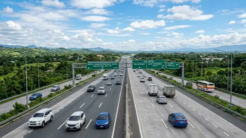 Toll Calculator Philippines – Free Instant RFID Toll Fee Calculator 3 Toll Calculator Philippines 2026: Daytime photorealistic wide-angle view of the NLEX North Luzon Expressway in the Philippines stretching into the horizon across multiple lanes of light traffic, with green overhead exit signs clearly displaying Balintawak and San Fernando destinations under a bright blue sky with scattered clouds — a key expressway reference for motorists using a Toll Calculator Philippines to calculate updated 2026 NLEX toll rates and exit-to-exit highway fees for Class 1, Class 2, and Class 3 vehicles