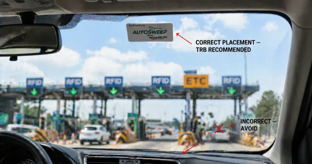 RFID Violation Penalties Philippines 2026: Complete Fine Guide (₱1,000 to ₱5,000 Rules Explained) 9 Close-up editorial photograph from inside a car looking through a clean untinted windshield showing an RFID sticker correctly placed at the top-center interior with a red arrow annotation reading correct placement TRB recommended, and a ghost-image sticker on the headlight area labeled incorrect avoid, with a blurred Philippine expressway tollbooth visible ahead