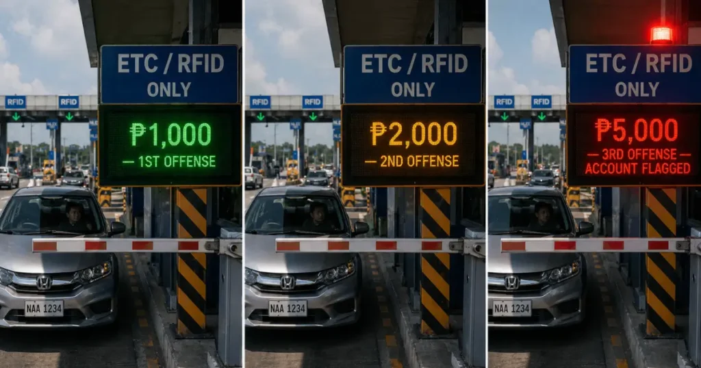 RFID Violation Penalties Philippines 2026: Complete Fine Guide (₱1,000 to ₱5,000 Rules Explained) 4 Three-panel editorial image of the same Philippine expressway toll lane showing escalating RFID violation fines, with a green display reading ₱1,000 first offense, an orange display reading ₱2,000 second offense, and a red flashing display reading ₱5,000 third offense account flagged under TRB JMC 2026Photorealistic editorial triptych illustrating the RFID three-strike rule enforced on Philippine expressways under Joint Memorandum Circular 2024-001 (JMC 2024-001), issued by the Department of Transportation (DOTr) and the Toll Regulatory Board (TRB). The image is divided into three side-by-side panels, each showing the same modern Philippine toll booth lane architecture at progressively higher violation levels. Left panel: A barrier arm is down and a green LED digital display reads "₱1,000 — 1ST OFFENSE," representing the minimum penalty for a first-time RFID violation. Center panel: The same barrier remains down with an orange LED display reading "₱2,000 — 2ND OFFENSE," showing the escalated fine for a second violation within a 30-day period. Right panel: A red flashing LED display reads "₱5,000 — 3RD OFFENSE — ACCOUNT FLAGGED," representing the maximum fine tier and potential suspension of expressway access privileges. The toll booth architecture in all three panels reflects the design of real Philippine expressway plazas operated by SMC Tollways under the Autosweep RFID system and Metro Pacific Tollways Corporation (MPTC) under the Easytrip system, covering expressways including NLEX, SLEX, Skyway Stage 3, CAVITEX, CALAX, NAIAX, SCTEX, TPLEX, MCX, and STAR Tollway. Cinematic lighting with realistic LED glow effects on each panel emphasizes the escalating severity of repeat RFID violations in 2026.-001