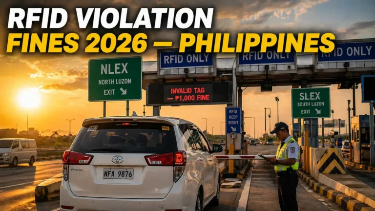 RFID Violation Penalties, A white Toyota Innova stopped at an RFID-only toll lane on a Philippine expressway, with the barrier arm lowered and a red LED display showing an invalid tag warning, representing the ₱1,000 RFID violation fine enforced by the Toll Regulatory Board (TRB) under JMC 2024-001 in 2026