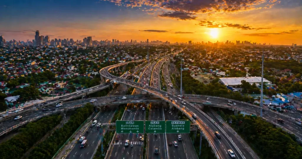 Aerial drone view of Philippine expressway interchange at golden hour showing NLEX SLEX Skyway tollways with multiple lanes merging in Metro Manila, green highway signs visible, representing One RFID unified toll system covering all 13 toll roads in Luzon Philippines 2026