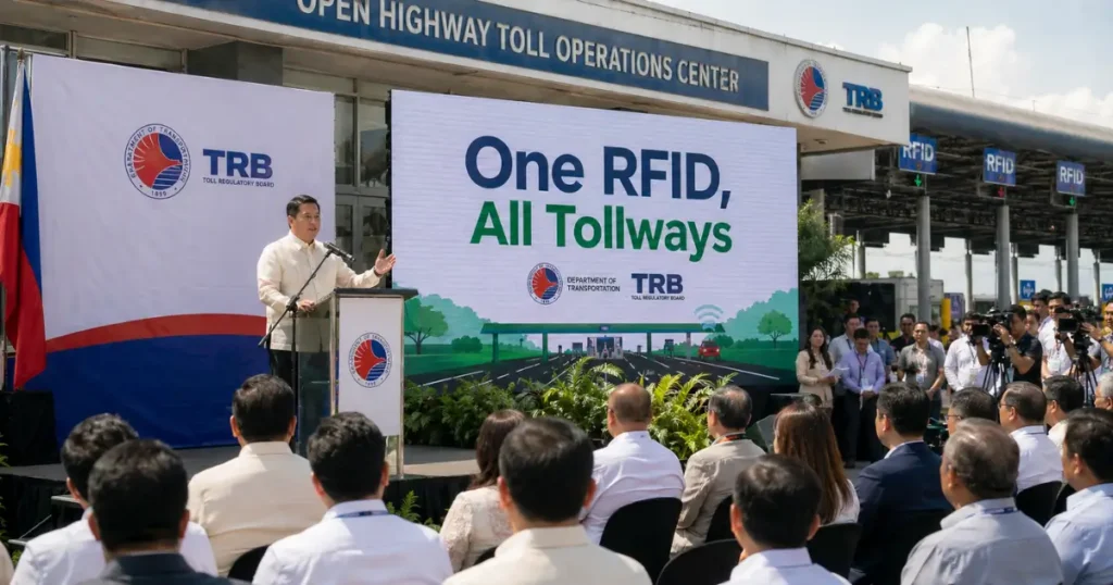 Philippine government One RFID launch event October 21 2025 at expressway toll plaza showing DOTr Department of Transportation and Toll Regulatory Board TRB banners, Filipino official in barong tagalog speaking at podium, LED screen displaying One RFID All Tollways message, media and officials attending outdoor ceremony under tropical daylight