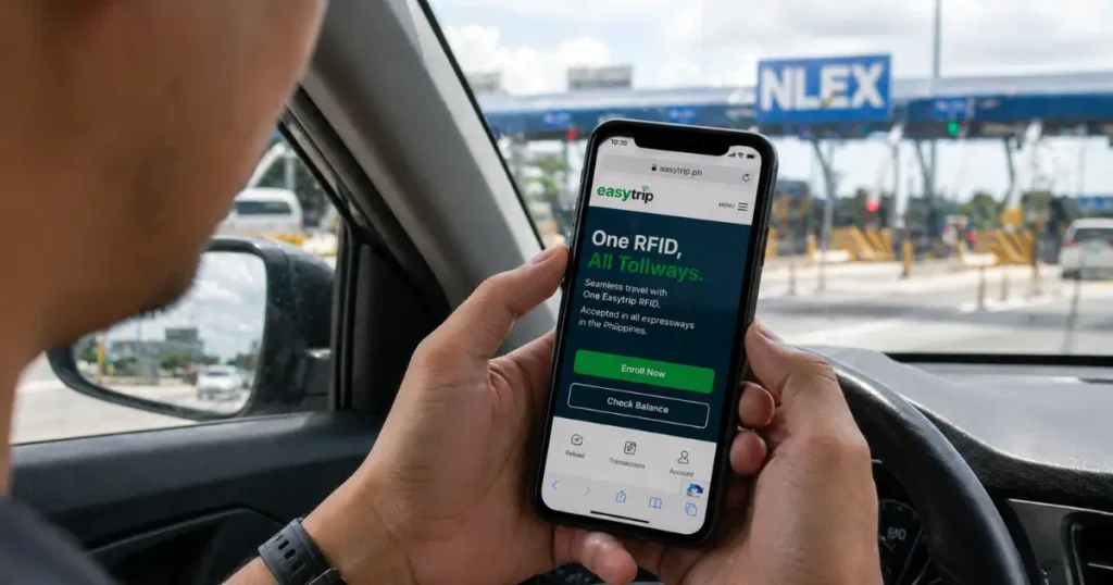 Filipino man using smartphone inside car enrolling on Easytrip website easytrip.ph showing One RFID All Tollways page with Enroll Now button, NLEX toll plaza visible in background, illustrating online RFID registration process for existing Easytrip users Philippines