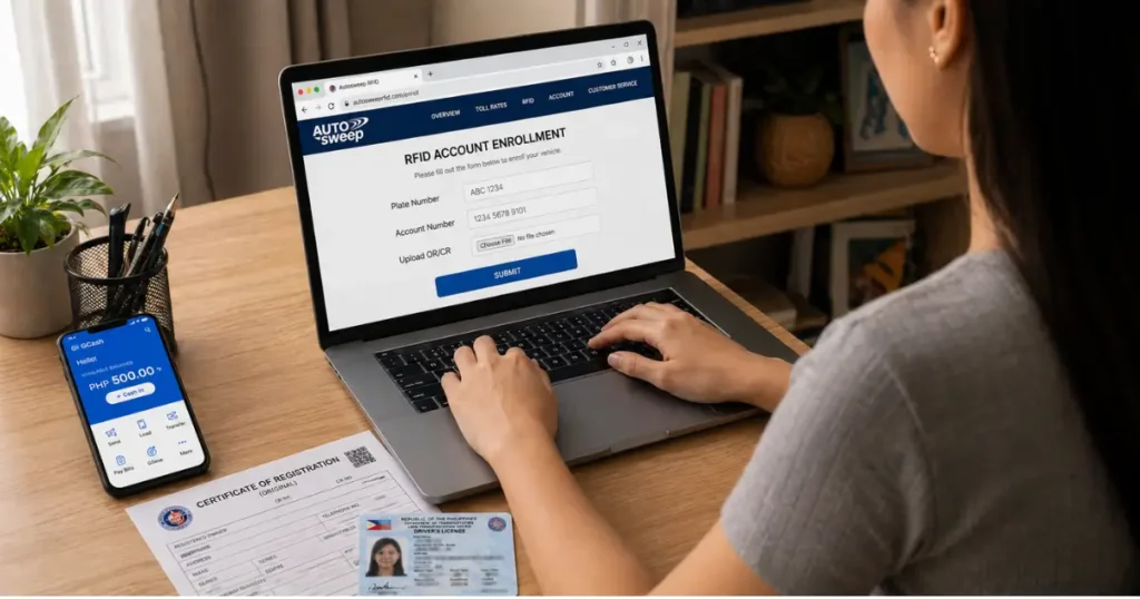 Filipino woman enrolling in One RFID system on laptop showing online registration form with plate number account number upload OR CR fields, Philippine driver’s license and vehicle documents on desk, smartphone displaying GCash balance, home office setup with natural light illustrating tollway RFID enrollment process Philippines