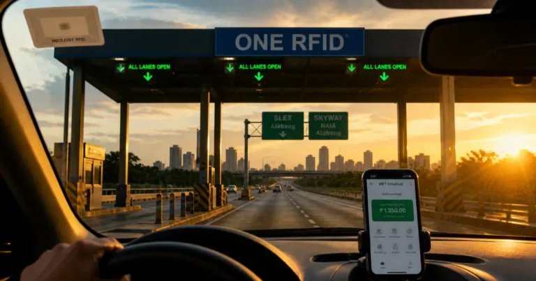 One RFID All Tollways Philippines car passing ETC lane on Skyway and SLEX with RFID sticker and DriveHub app showing balance