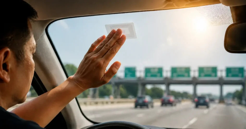 Filipino driver installing RFID sticker on car windshield for One RFID Philippines program, enabling Autosweep and Easytrip access across SLEX, NLEX, Skyway, and major tollways with seamless electronic toll collection